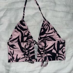 Pink and Black Pattern Tie-Front Halter Open Back Tank Top